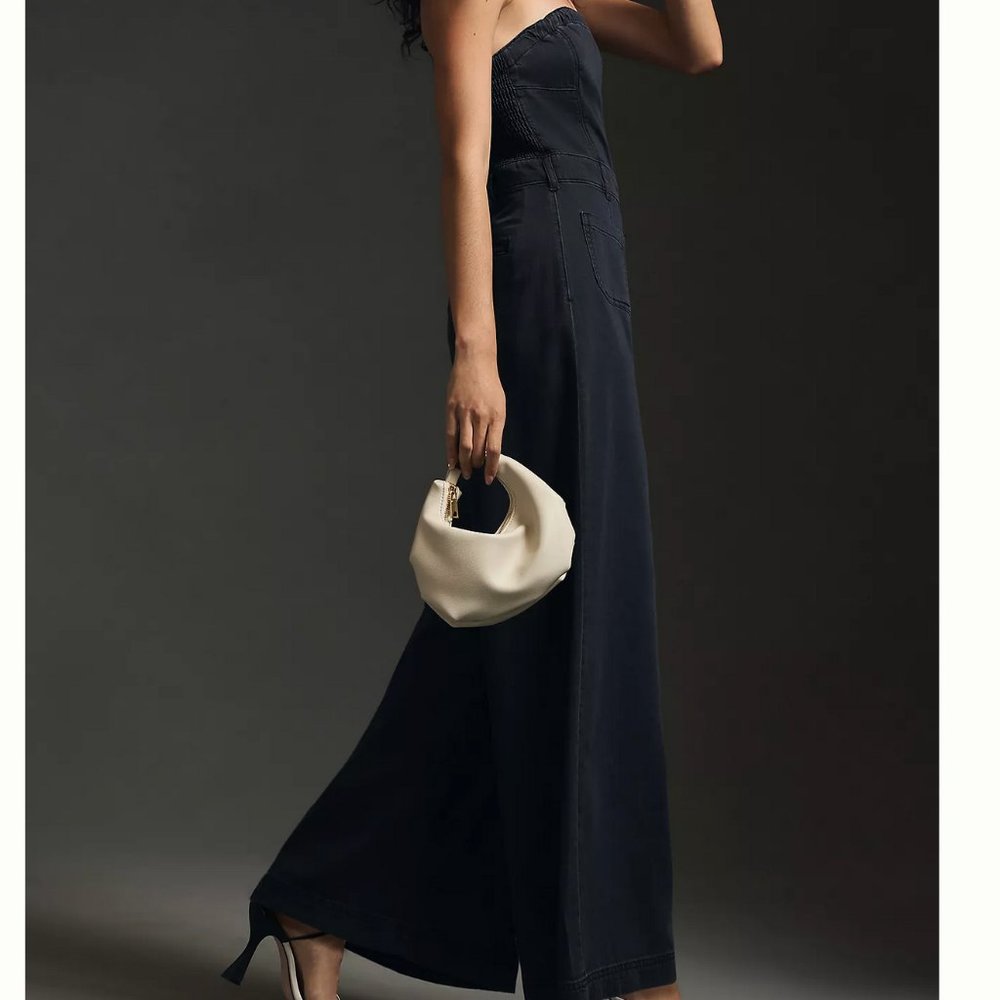 Anthropologie Pilcro Strapless Polished Wide-Leg Denim Jumpsuit 8, 10 $170 N…